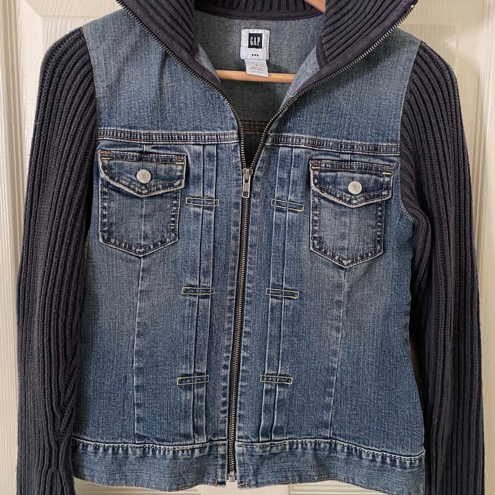 Vintage GAP Denim Jacket with Sweater Knit Sleeves SM Zip Front Coat Small Women